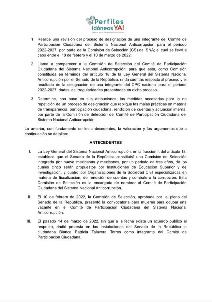 📢 Quienes integramos el colectivo #PerfilesIdóneosYa, junto con 29 colectivos y organizaciones de la soc. civil, enviamos una carta al <a href="/senadomexicano/">Senado de México</a> para pedirle que revise el último proceso de designación de una integrante del <a href="/ComiteCPC/">CPC</a> y llame a comparecer a la <a href="/ComSNA21_24/">Comision de Seleccion 2021-2024</a>