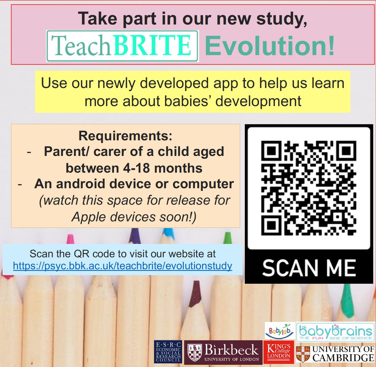 Birkbeck Babylab are recruiting! Are you a parent or carer of a child aged 4-18 months? Please consider taking part in an online study, involving some online questionnaires and a newly developed app for parents. For more information &amp; to sign up, go to: bit.ly/3L7OZHI