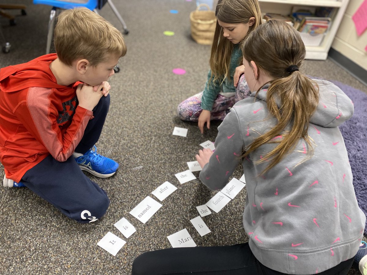 ⁦<a href="/MyWindyHills/">WindyHillsElementary</a>⁩ 3rd graders work together to make complete sentences using scrambled words. A great way to practice grammar and comprehension at the conclusion of our reading unit!