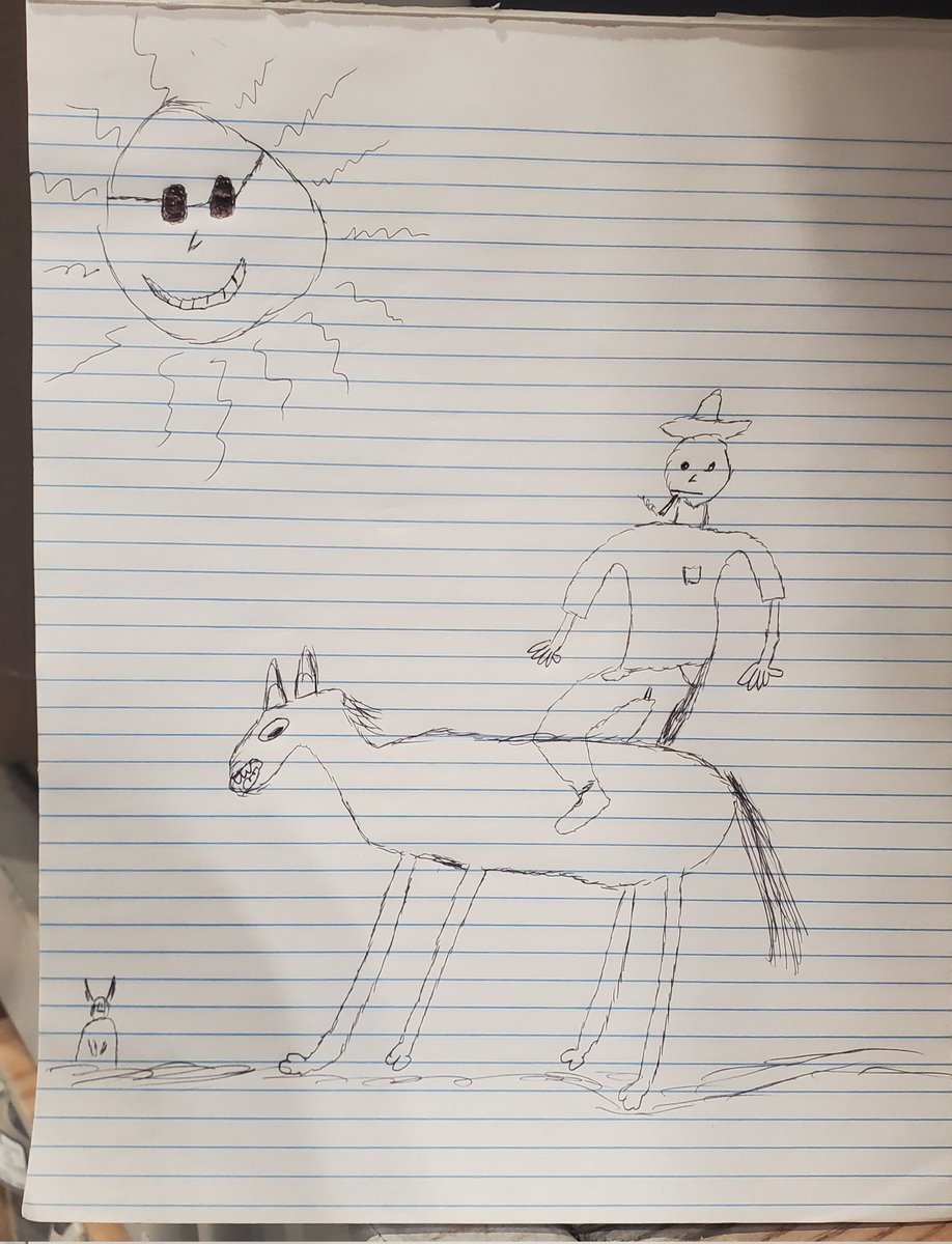 BunsenPD's tweet photo. I've always had a passion for art &amp; drawing but have always been so self conscious about my work because of how bad I used to be. Today is the first time I've felt confident to post my work. This piece took me over 10 hours and is my best work yet. 

"The horse, the sun, the man" https://t.co/gqOmmc2w7C
