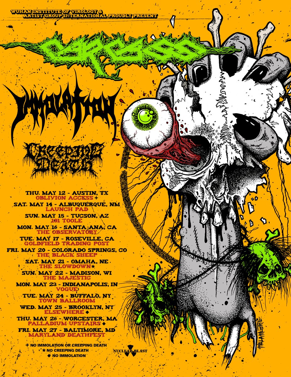 Join us in the U.S. this spring on our headlining tour with direct support from labelmates @Immolation and openers @CreepingDeathTX. 🎟️ Tickets go on-sale Friday, March 25th at 10:00AM Local Time at bnds.us/iwu4h1 #Carcass #Immolation #CreepingDeath #DeathMetal #Metal