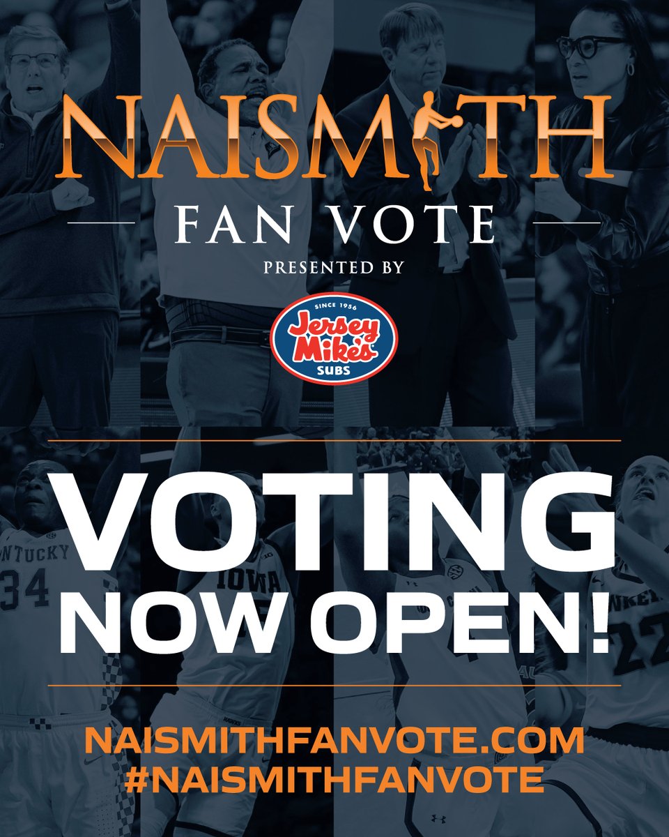 NaismithTrophy's tweet photo. Voting for the #NaismithFanVote presented by Jersey Mike’s Subs is open!

Vote for your favorite @jerseymikes Naismith POY and @wernerladderco COY Finalists once per day until voting closes March 29 at 6:00 p.m. ET.

🗳 https://t.co/YYBZB5Qrhk

@MarchMadnessMBB x @MarchMadnessWBB https://t.co/HwevflxjAe