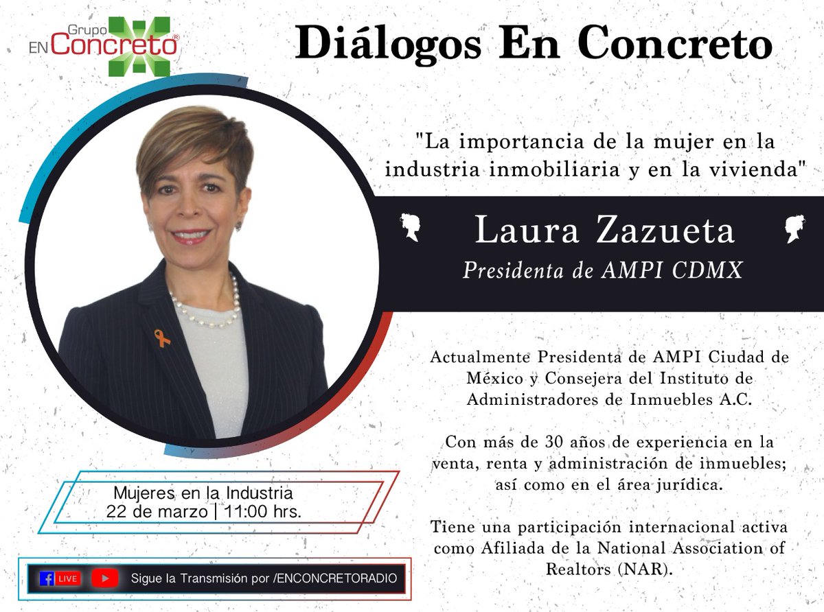 ampicdmx's tweet photo. Hoy en #DiálogosEnConcreto @enconcreto la Lic. Laura Zazueta, Presidenta de #AMPICDMX con el tema "La importancia de la Mujer en la industria inmobiliaria y en la vivienda"
Puedes verlo en el enlace a las 11:00 am ⬇️
https://t.co/KotrE45Yfp https://t.co/NvYMYy9lHI