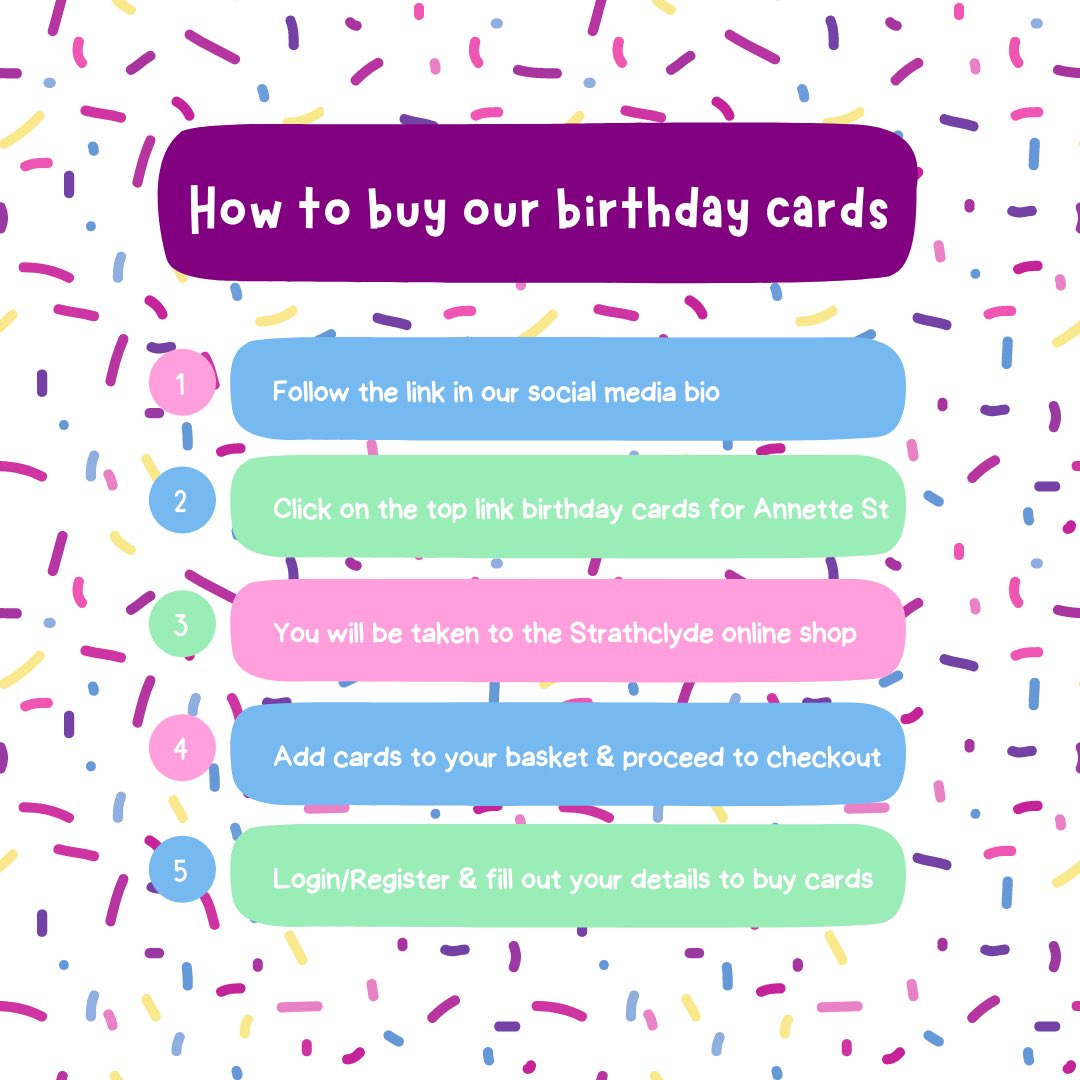 StrathAnnette's tweet photo. How to buy our birthday cards via the Strathclyde online shop 🎂 

Here are instructions to help you navigate the online shop in order to buy some birthday cards 🎉 

Hope this helps and any questions feel free give us a message! 🤍 @AnnetteStreetPS https://t.co/AQ9hrxIGRY