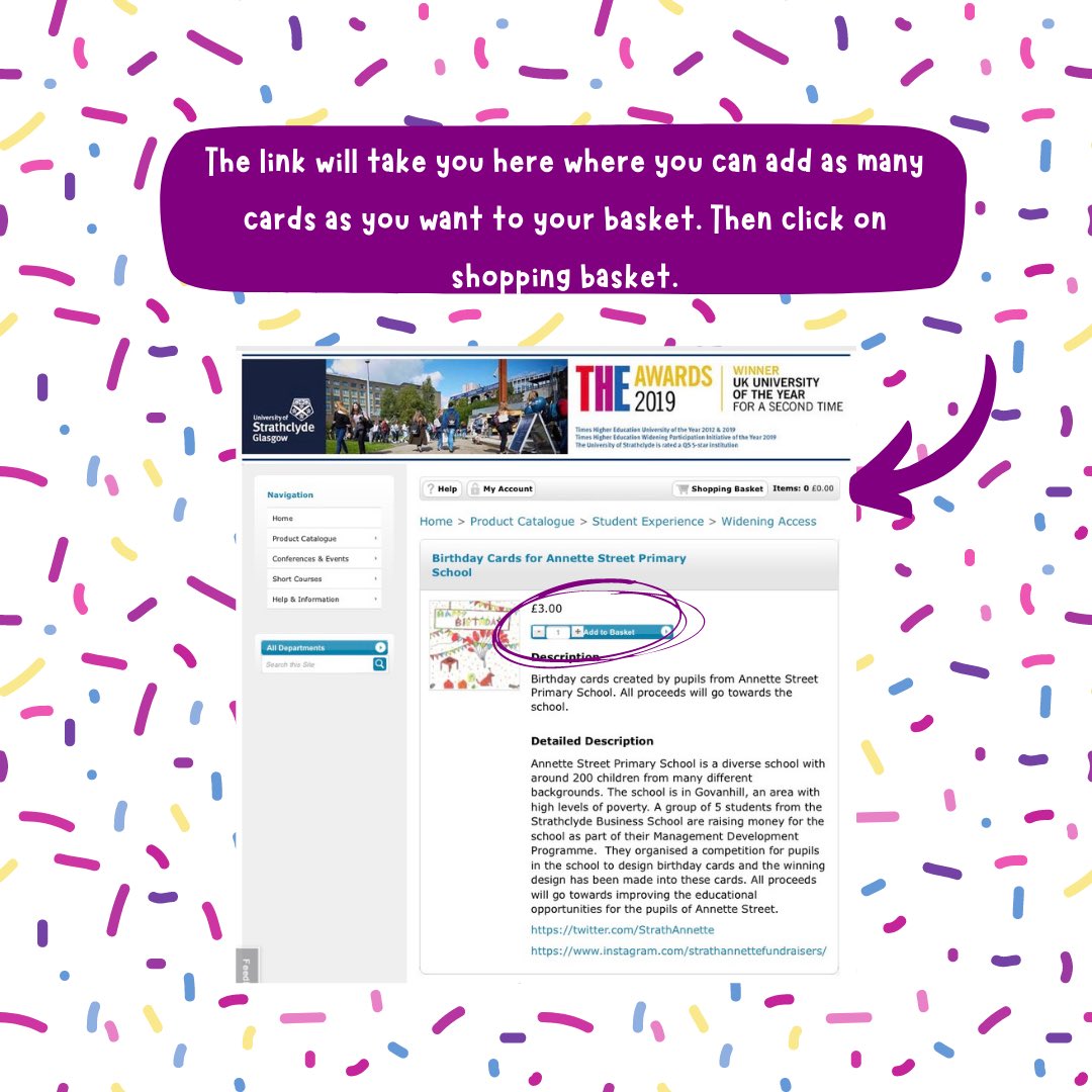 StrathAnnette's tweet photo. How to buy our birthday cards via the Strathclyde online shop 🎂 

Here are instructions to help you navigate the online shop in order to buy some birthday cards 🎉 

Hope this helps and any questions feel free give us a message! 🤍 @AnnetteStreetPS https://t.co/AQ9hrxIGRY