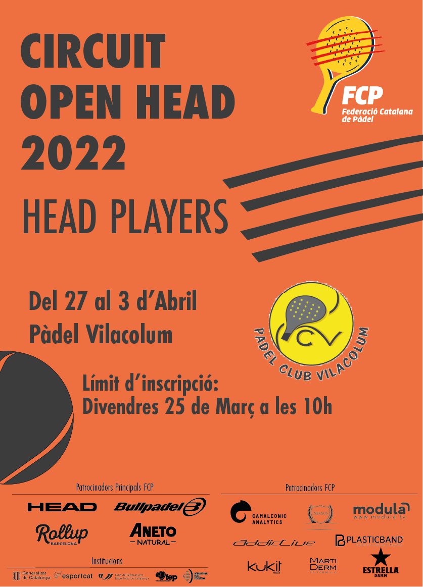 FCatalanaPadel's tweet photo. ⚠️ INSCRIPCIONS OBERTES ⚠️
Fins divendres 👉10h

🏆 Circuit #OpenFCP @HEAD_PADEL 
📍 @SCpadel Sánchez Casal (BCN)

🏆 Circuit #HEADPlayersFCP @HEAD_PADEL 
📍 @ctbara (TGN)
📍 @ClubVilacolum (GRN)

Informació
➡️ https://t.co/3ntBe7dqps

#Pàdel #Català #Competició #MésPàdelQueMai https://t.co/oumj8MdUNl