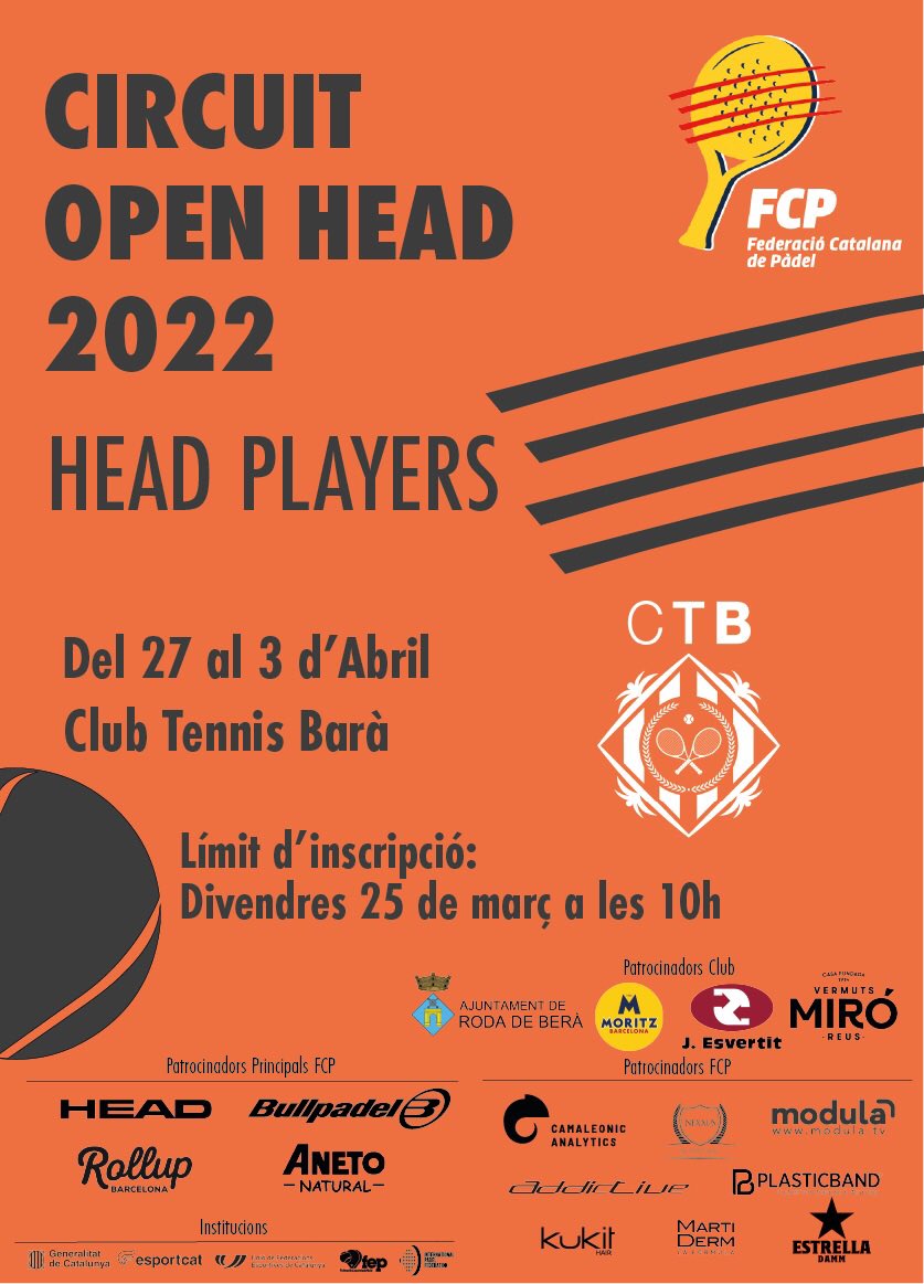 FCatalanaPadel's tweet photo. ⚠️ INSCRIPCIONS OBERTES ⚠️
Fins divendres 👉10h

🏆 Circuit #OpenFCP @HEAD_PADEL 
📍 @SCpadel Sánchez Casal (BCN)

🏆 Circuit #HEADPlayersFCP @HEAD_PADEL 
📍 @ctbara (TGN)
📍 @ClubVilacolum (GRN)

Informació
➡️ https://t.co/3ntBe7dqps

#Pàdel #Català #Competició #MésPàdelQueMai https://t.co/oumj8MdUNl
