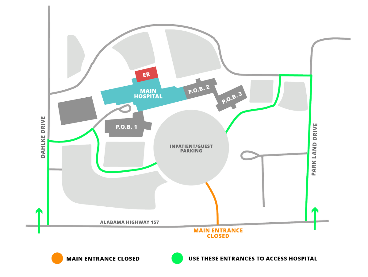 CullmanRegional's tweet photo. Due to road work, the hospital main entrance at the red light on Hwy 157 will be closed for the next few months. Please use either the Dalkhe Dr. entrance or Parkland Dr. entrance (see map). We appreciate ALDOT's hard work &amp; are proud to be part of the growing Cullman community! https://t.co/JKIUuCUiTz