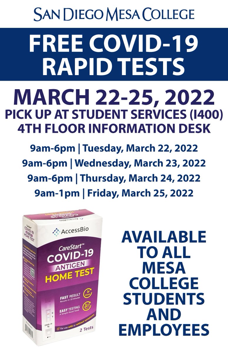 Free COVID-19 Rapid Tests are available for pick up starting today.
Tests are available to all Mesa College Students and Employees.
Pick up at Student Services (I400) on the 4th-floor information desk.
Up to two boxes will be provided to each person.