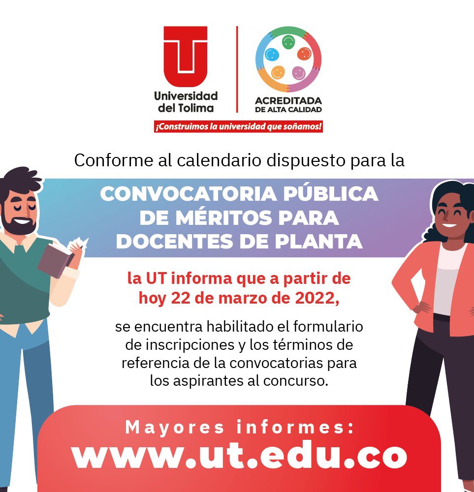 Uni_Tolima's tweet photo. #LaUTInforma | Que ya se encuentra habilitado el formulario de inscripciones para la convocatoria pública de méritos para docentes de planta. https://t.co/XquE2Tdzzl