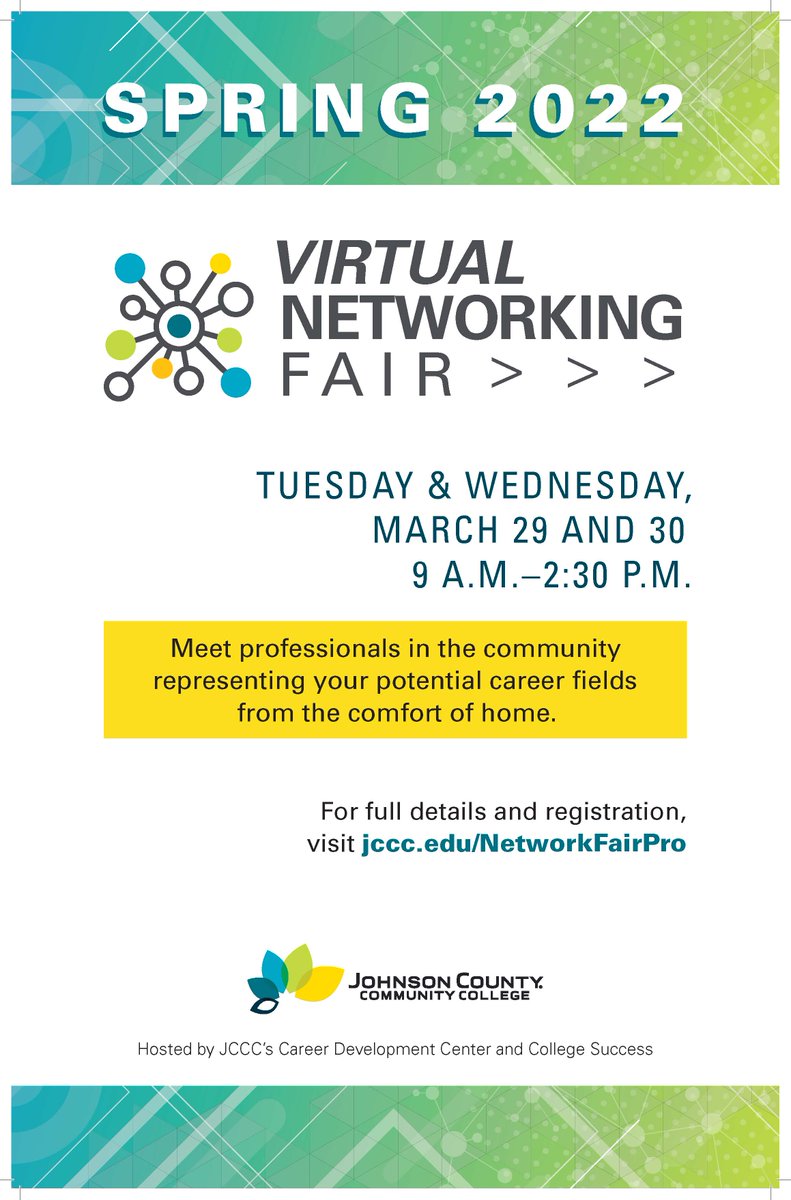 Employers, sign up at jccc.edu/NetworkFairPro! You'll meet #JCCC students interested in your career field and ready to #network.

#networkingopportunity #networking #education #teaching #healthcare #virtualcareerfair #networkingfair #JCCCCareerDevelopmentCenter