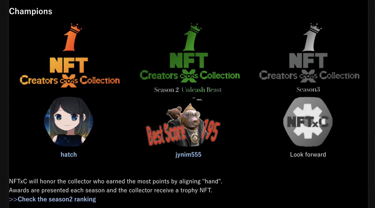 CreatorsCross's tweet photo. #NFTxC Season 2 winners have been crowned!
The winner is @jynim555 who purchased 40 pieces and scored a high score of 195 points.

The top three finishers will receive commemorative tokens.
1st @jynim555
2nd @poncha006
3rd @yyoko111 https://t.co/8fQLBAYZG1