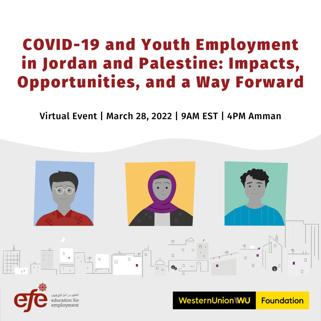 EFE-Maroc ๐ฒ๐ฆ (@efemaroc) on Twitter photo Join us on Mar 28 for a virtual discussion on a recent study by @efe_global on COVID-19 and Youth Employment in Jordan and Palestine, with <a href="/TheWUFoundation/">The Western Union Foundation</a> Executive Director <a href="/RoscoeElizabeth/">Elizabeth Roscoe</a>. This is part of EFEโs #MomentumSeries.
Register here: us02web.zoom.us/webinar/registโฆ Join us on Mar 28 for a virtual discussion on a recent study by @efe_global on COVID-19 and Youth Employment in Jordan and Palestine, with <a href="/TheWUFoundation/">The Western Union Foundation</a> Executive Director <a href="/RoscoeElizabeth/">Elizabeth Roscoe</a>. This is part of EFEโs #MomentumSeries.
Register here: us02web.zoom.us/webinar/registโฆ