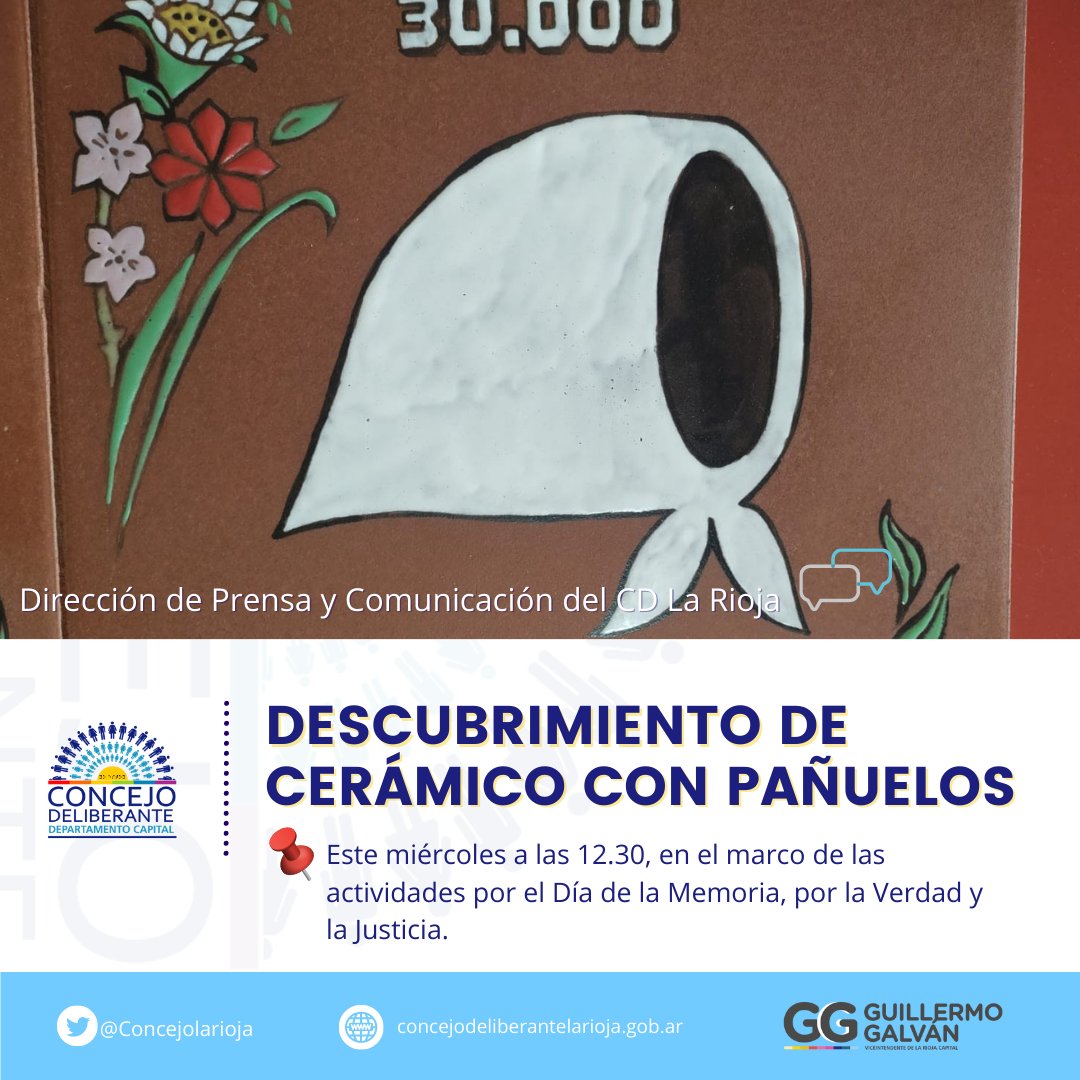 Este miércoles a las 12.30 en el ingreso de Casa Central se descubrirá una placa de cerámica con Pañuelos, por el Día de la Memoria, por la Verdad y la Justicia y es organizado por la Asociación de Ex Presas y Presos Políticos de La Rioja. #MemoriaSiempre