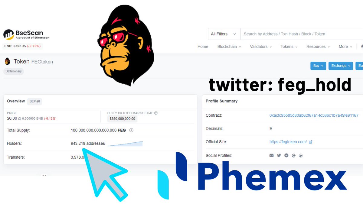 ogrenkazan's tweet photo. total number of holders of feg tokens: 943.219
Total Transfer :3.978.096 
is it not enough to list the feg tokens 
@Phemex_official 
@FEGtoken
 
https://t.co/Iwx6jPrbDz 100$ BONUS FREE REGİSTER 
 
 🚨#FEGtoken  #FEG #phemex  #BSC #BinanceSmartChain #FEGarmy #Fegrox #Bitcoin #btc https://t.co/8J8CshXNy5