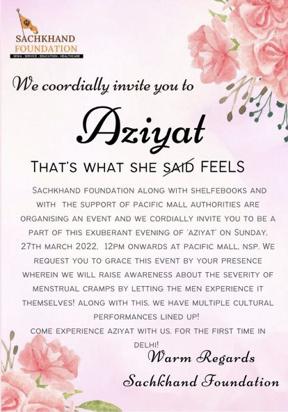 SachkhandFound's tweet photo. Have you ever wondered what
dysmenorrhea (menstrual cramps) feel
like? 
Well, wonder no more!
Sachkhand Foundation in collaboration with
ShelfEbook and Pacific Mall authorities 
bring to you for the very first
time in New Delhi,
"AZIYAT- That's what she ~said~ feels" https://t.co/XQPllKFpiT