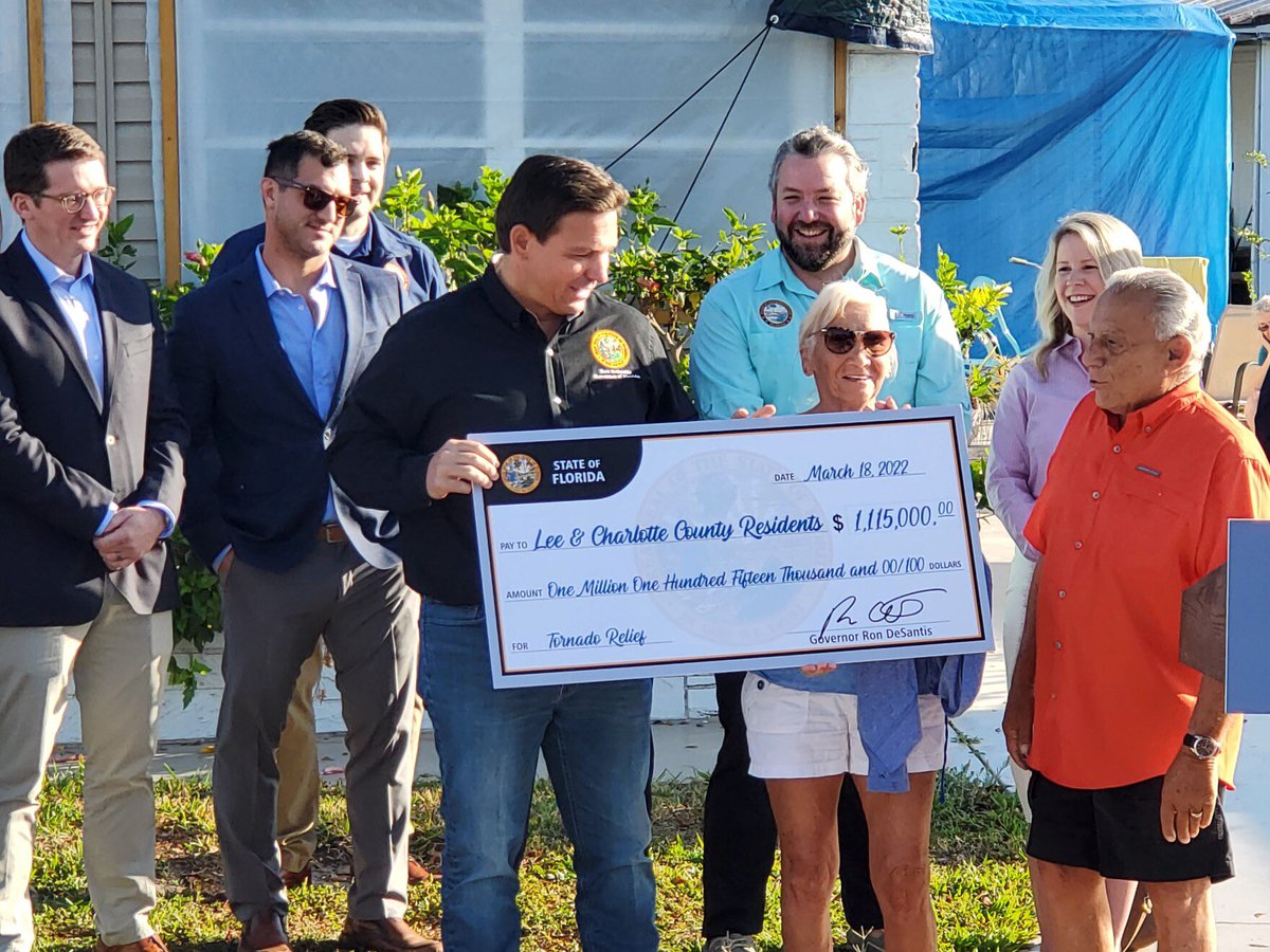 DaneEagle's tweet photo. After tornadoes upended the lives of many Southwest Floridians &amp; the feds declined to assist, @GovRonDeSantis helped raise the needed funds himself through private donations. That is a true leader. 

Very thankful to all for the recovery efforts in my hometown! https://t.co/fgcf8IXT6y