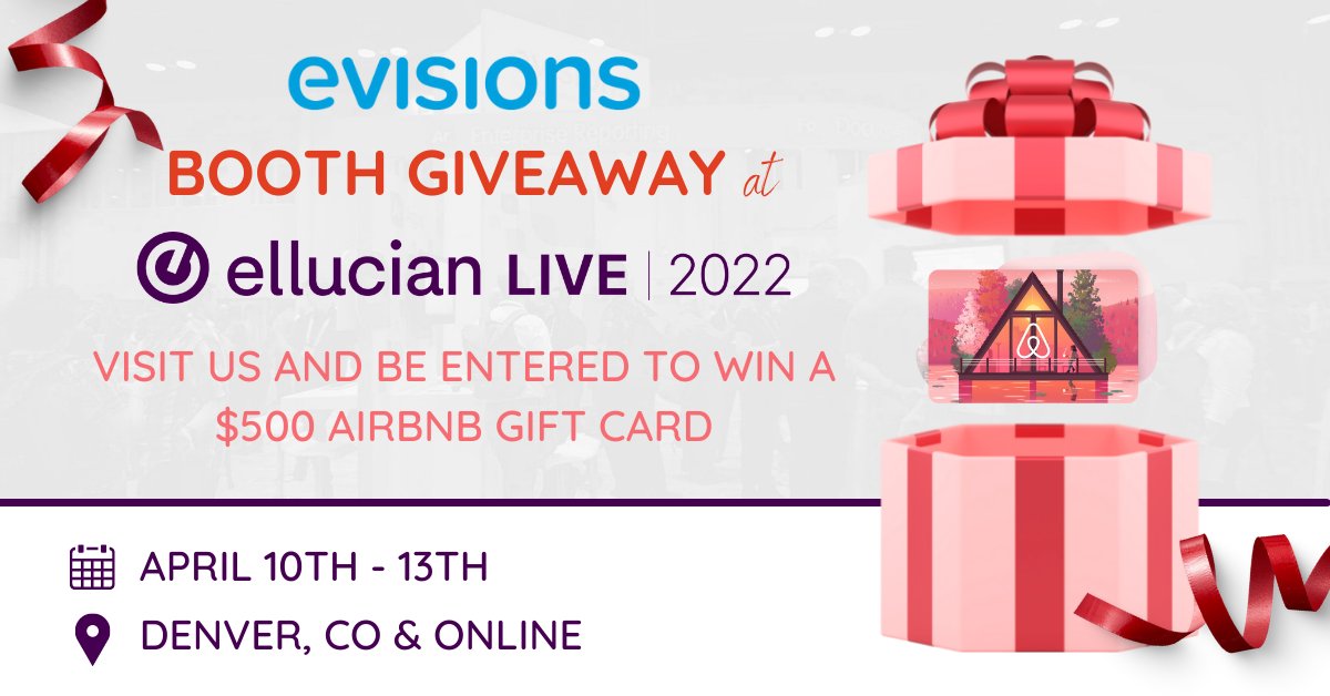 EvisionsInc's tweet photo. We've got your next vacation stay covered! If you're attending @EllucianInc Live 2022 be sure to visit #Evisions Booth #701 to be entered into our raffle to win a $500 @Airbnb gift card! #eLive2022 https://t.co/9wJ8XMMtfw