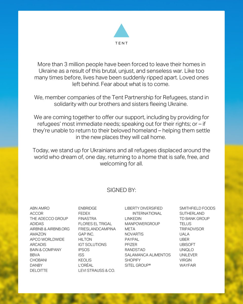 The global business community has rallied as a staggering 3.5 million #refugees have fled #Ukraine. Today, with the number of refugees continuing to climb, nearly 50 members of <a href="/TentOrg/">Tent Partnership for Refugees</a> have issued a statement stating that they stand with, and support, the people of Ukraine. 🇺🇦