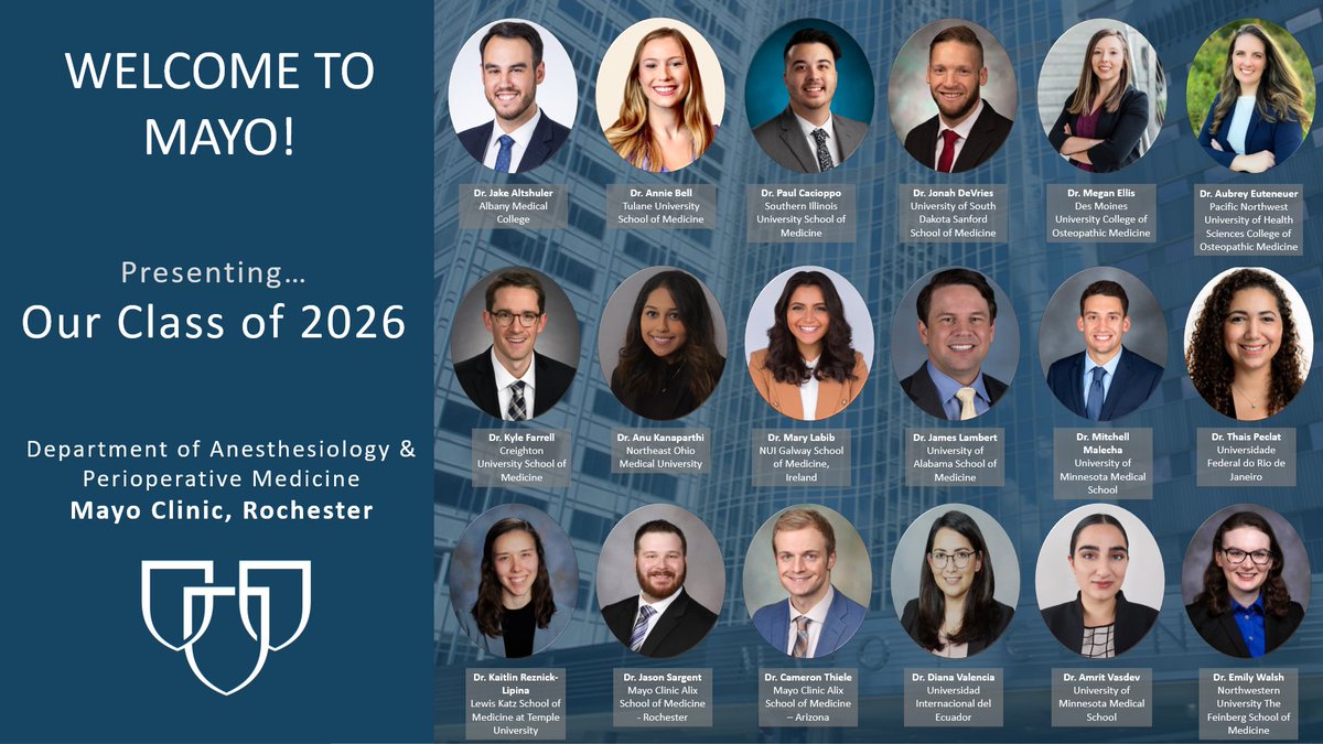 MayoAnesthesiaResMN (@mayoanesres) on Twitter photo We are excited to welcome our newest class of <a href="/MayoAnesthesia/">Mayo Clinic Department of Anesthesiology</a> residents. We can't wait to work with you!
Meet the Class of 2026!
#Match2022 We are excited to welcome our newest class of <a href="/MayoAnesthesia/">Mayo Clinic Department of Anesthesiology</a> residents. We can't wait to work with you!
Meet the Class of 2026!
#Match2022
