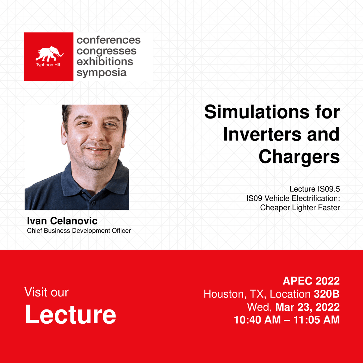 TyphoonHIL's tweet photo. #APEC2022 | Meet us this week at @APEC_Conf in Houston, TX! Find us at booth 1433 for a personalized live #EV demo or #IndustrySession Lecture IS09.5. for a talk on Simulations for Inverters and Chargers at the #VehicleElectrification session. Learn more: https://t.co/XL2KoXsES2 https://t.co/miis5vka8d