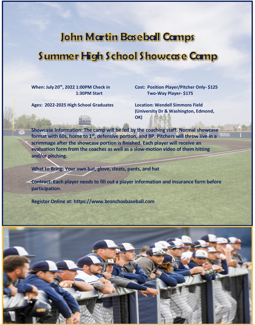 🚨 Summer Camp Registration 🚨

Our summer camps have been added to our website and are open for sign ups! We will have our annual youth camp and annual HS Showcase Camp both in July! 

All the info that is needed is on the flyers below! 

Register @ bronchosbaseball.com