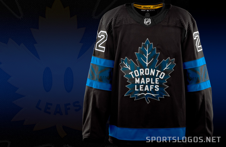 Chris Creamer  SportsLogos.Net on X: A closer look at the #Leafs new  black alternate jersey, the outside-out part of it anyways.  Shibori-inspired pattern on the leaf, CN Tower and Toronto skyline