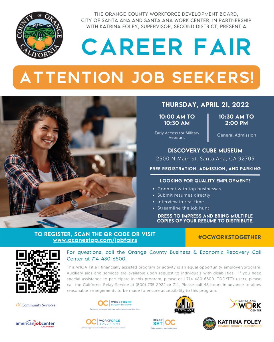 oc_workforce's tweet photo. Join us for our Career Fair!

📅 Thursday, April 21, 2022
🕙 10 AM to 10:30 AM – Early Access for Military Veterans
🕙 10:30 AM to 2 PM – General Admission
📍 Discovery Cube Museum (2500 N Main St, Santa Ana, CA 92705)
📝 Register at https://t.co/PYV8LAfbJM

#OCWorksTogether https://t.co/evUy43hrc9
