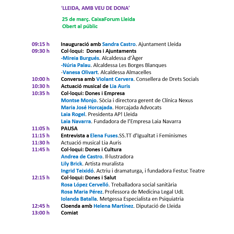 🔊📽️ 'LLEIDA, AMB VEU DE DONA' 
🗓️ Divendres, 25 març <a href="/CaixaForum/">CaixaForum</a> #Lleida
Accés Lliure

➡️ cadenaser.com/2022/03/22/lle… 
Sandra, Mireia, Núria, Vanesa, Violant, Montse, Ma José, Laia i Laia, Elena, Lia, Andrea, Lily, Ingrid, Rosa, Rosa Maria, Iolanda, Helena