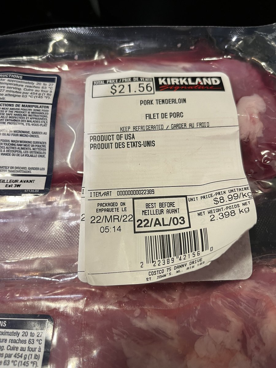 ashreid1982's tweet photo. @costcocanada This is not cool. We bought this pork loin this evening. When we got home, we noticed there is a hole in the packaging and there was a tag underneath the one on top that says it was actually packaged on March 17th! I cannot believe they’d put a new sticker on it!! https://t.co/zI8fRruco6