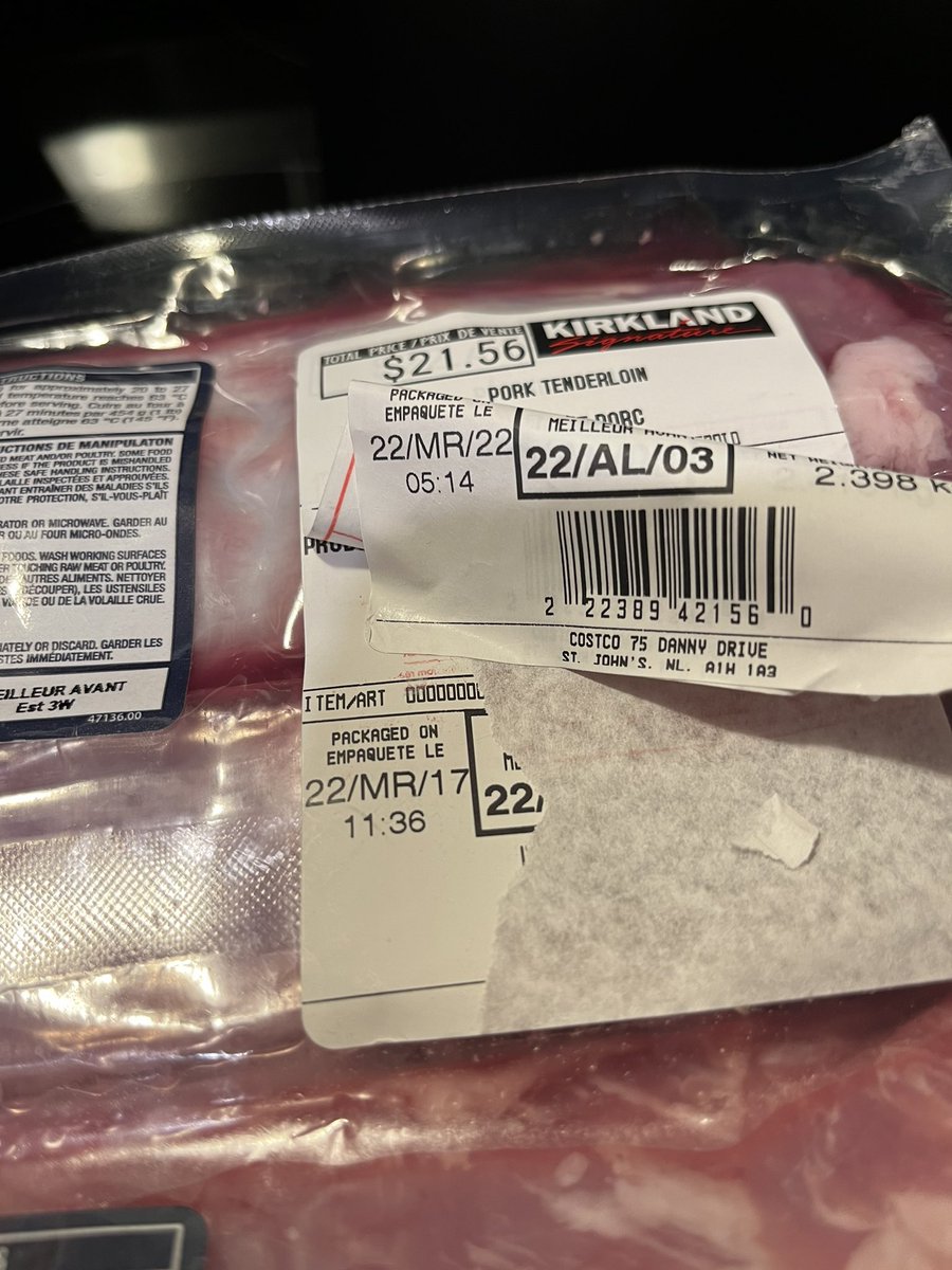 ashreid1982's tweet photo. @costcocanada This is not cool. We bought this pork loin this evening. When we got home, we noticed there is a hole in the packaging and there was a tag underneath the one on top that says it was actually packaged on March 17th! I cannot believe they’d put a new sticker on it!! https://t.co/zI8fRruco6