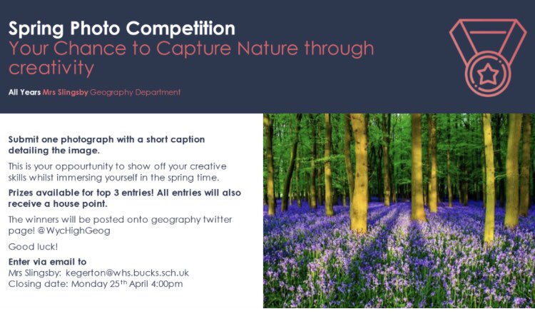WycHighGeog's tweet photo. GeogSoc are delighted to announce the launch of our second photo competition 📷 
The deadline for entries to the Spring Photo Competition is 4pm on Monday 25 April - get entries in now! https://t.co/9i7glZ9gXD