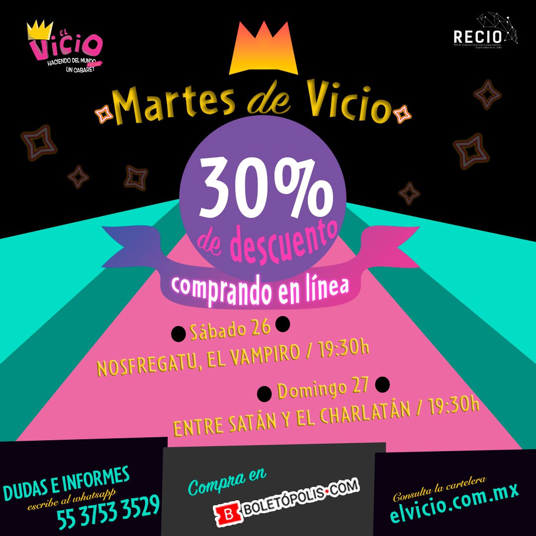 elvicioteatro's tweet photo. Querida banda viciosa: Para que no lo deje hasta el último momento, le traemos el hilo con los próximos shows en #suCabaretDeConfianza.
Acuérdese que hoy es #MartesDeVicio y todas las funciones de esta semana tienen 30% de descuento comprando en línea: https://t.co/csfEL9bLQm https://t.co/WKIL0P4RDW