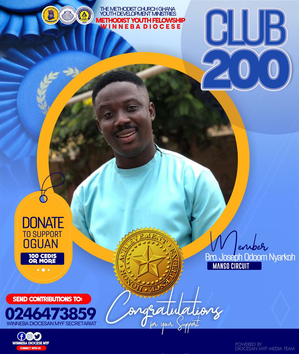 WinnebaM's tweet photo. Congratulations Bro. Joseph Odoom Nyarko, our latest Member to join the "Club 200" Fundraising Scheme to support our Oguan Church Building Project. You can also become a member of the Club by donating at least 100cedis. God bless you.
#ProudMethodist
#ProudMYF
#WinnebaDioceseMYF https://t.co/Nvus169qf5