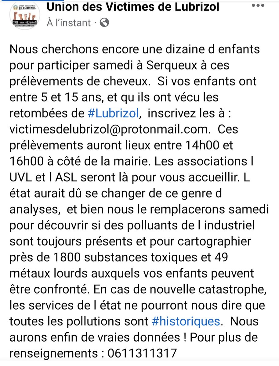 UVLubrizol's tweet photo. C est samedi à #Serqueux. Vos enfants ont vécu #lubrizol ? Inscrivez les ! @ASL_Rouen et @UVLubrizol seront là pour les accueillir lors de ces prélèvements #pollution https://t.co/c3uKOyFcmw