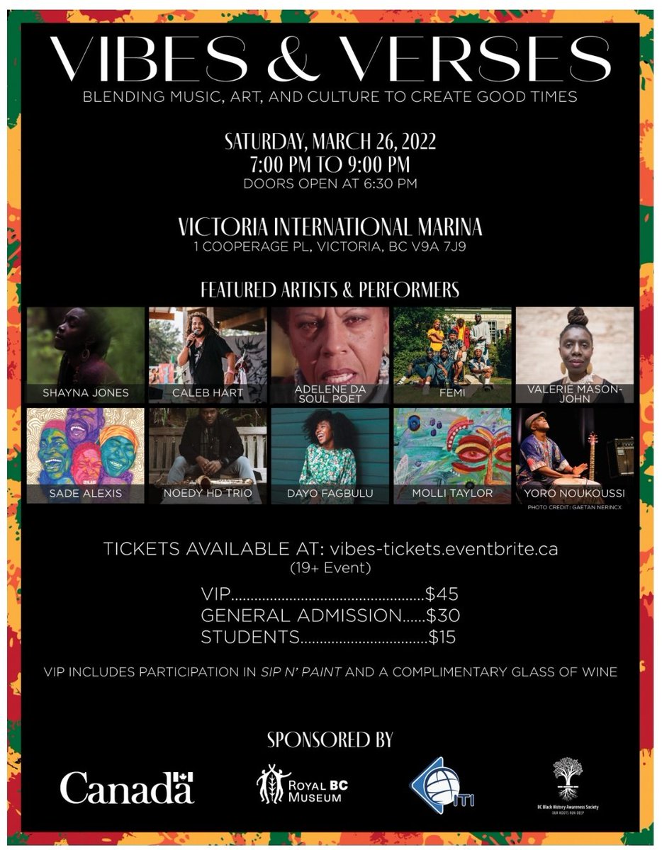 MangueSilvia's tweet photo. Join us for #VibesnVerses at #VictoriaInternationalMarina @vimarinabc on Saturday March 26th at 7pm. (Be there by 6:30pm!) Blending #Music, #Art & #Culture to create #GoodTimes.
Thank you @Canada @RoyalBCMuseum #ITI #BCBHAS
Register here: https://t.co/ifOJdLfJSb https://t.co/UqaHNHja4f