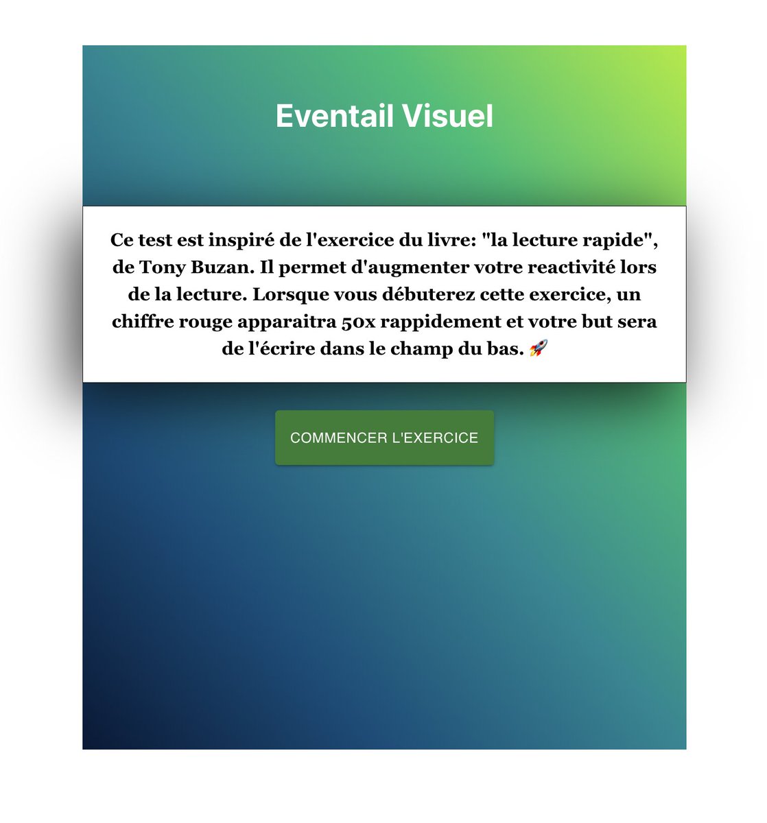 mou_ssaasDev's tweet image. I built an app inpired by the book #lecturerapide and you can improve your vision with this training 🚀🚀.
link:  lnkd.in/eJaA75zb