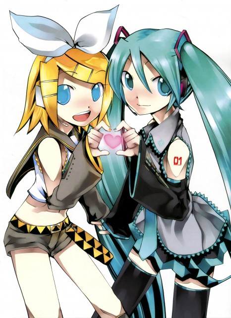 hatsune miku ,kagamine rin multiple girls 2girls long hair thighhighs blonde hair twintails heart hands  illustration images