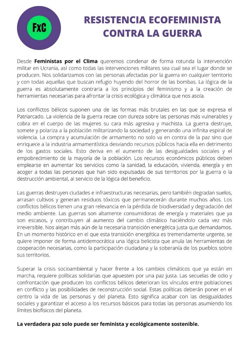 ‼️Manifiesto FxC: Resistencia ecofeminista contra la Guerra‼️
#Noalaguerra #noalaguerraenucrania