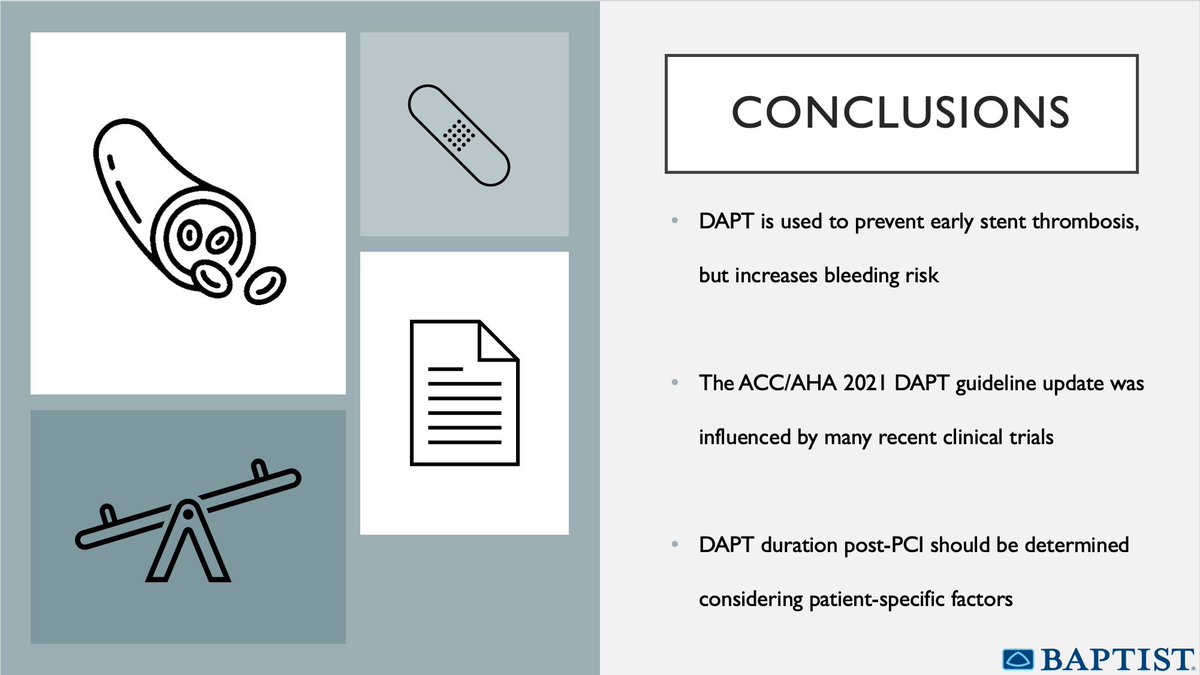 kbrown_pharmd's tweet photo. In conclusion, DAPT is used post-PCI to prevent early stent thrombosis, but increases bleeding risk. DAPT duration post-PCI is patient specific and should consider stent type, DAPT score, and evidence based medicine guidelines! https://t.co/TGqs6Rcnyy