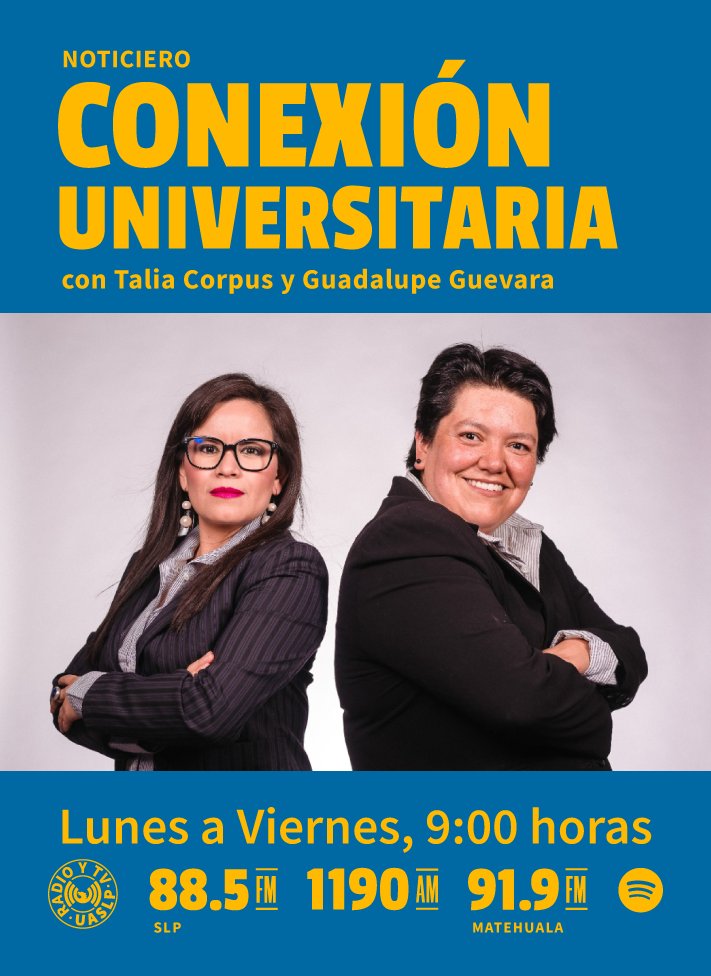 radiotvuaslp's tweet photo. Entérate de las #noticias oficiales de la #UASLP y conoce más sobre la comunidad universitaria.
Conexión Universitaria
⏰ Lunes a Viernes a las 9:00 horas
📟 88.5 FM SLP / 91.9 FM Matehuala https://t.co/PgznJzEh5f
Conducen: Talia Corpus y Guadalupe Guevara
.
#RadioUASLP https://t.co/TqGGaXdqS6