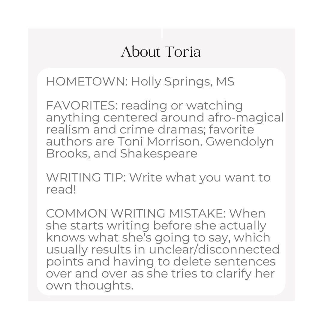 This stormy Tutor Tuesday we are featuring Toria! 

Toria would love to help you with your writing, so make an appointment with her soon! 

Stay safe!