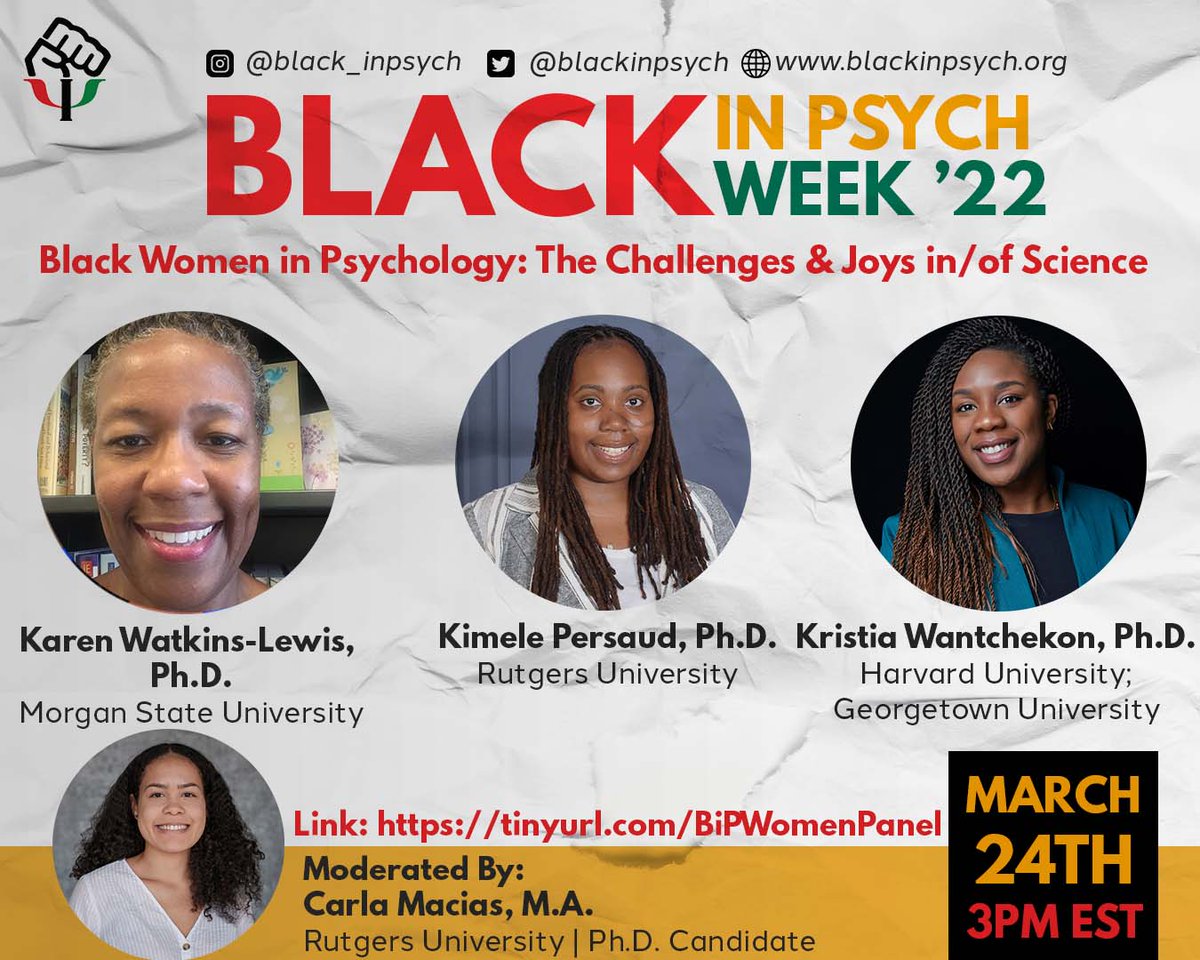 NYUAppliedPsych's tweet photo. It's #BiPWeek22! 

Make sure you're following @BlackinPsych to celebrate the #BlackinPsychCommunity all week long, and don't miss the next panel!

Black Women in Psychology: The Challenges &amp; Joys in/of Science 
Thursday, Mar. 24 @ 3PM

Register ⬇️
https://t.co/mX2IO6M0jT https://t.co/IiAPMcq98j