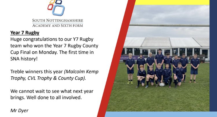 It happened... Our Y7 Rugby team have won the treble 🏆🏉 County Cup Champions ✅ Malcolm Kemp Trophy winners ✅and CVL South winners ✅. Massive accomplishment and a first for SNA #thesnaway