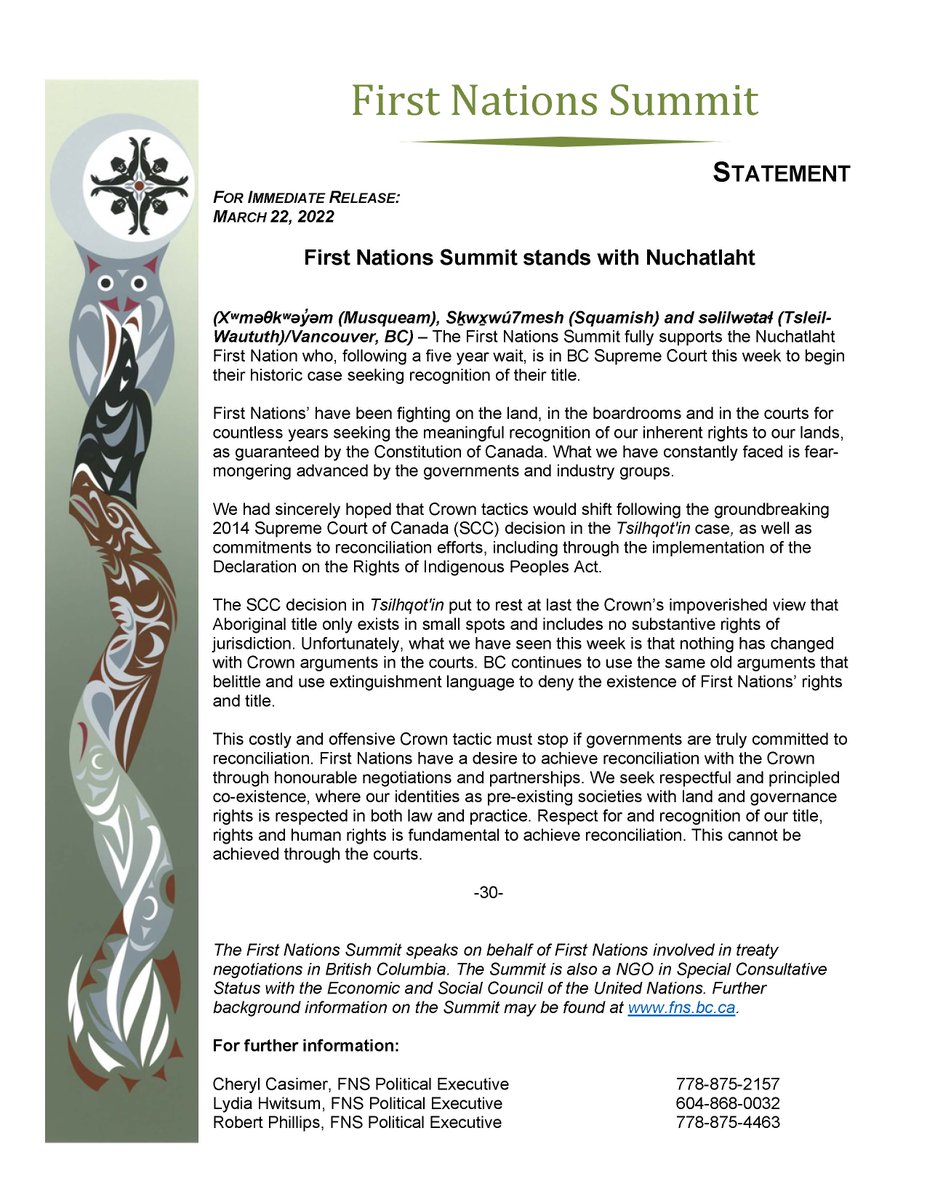 FNSummit's tweet photo. FNS Stands with Nuchatlaht: https://t.co/yPAbv7HCAI.
#NuchatlahtSolidarity #Nuchatlaht #UNDRIP #bcpoli #cdnpoli #reconciliation #IndigenousTitle #Nootka https://t.co/ZIE33PucrM