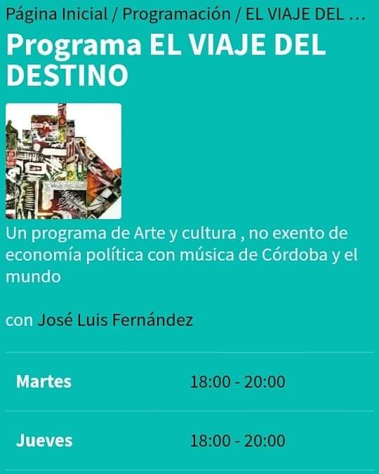 RadioDocta's tweet photo. "EL VIAJE DEL DESTINO"
https://t.co/fof8WroHSv
 Un programa de Arte y cultura , no exento de economía política con música de Córdoba y el mundo
con @joseluisfernandez63 https://t.co/4RftufxWZZ