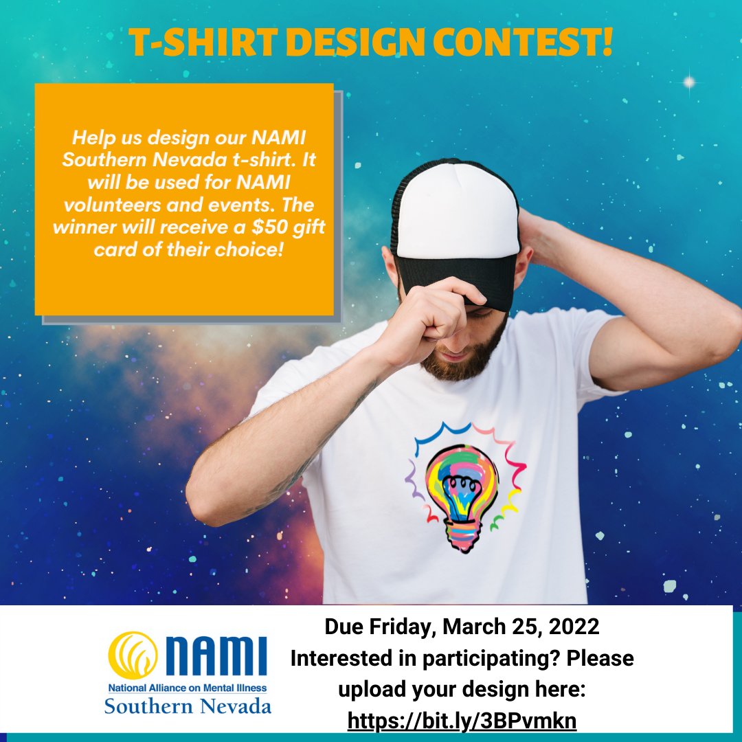 NAMISNV's tweet image. Reminder! The NAMI Southern Nevada t-shirt contest ends this Friday and is open to all Nevadans! #mentalhealthmatters #tshirtcontest
