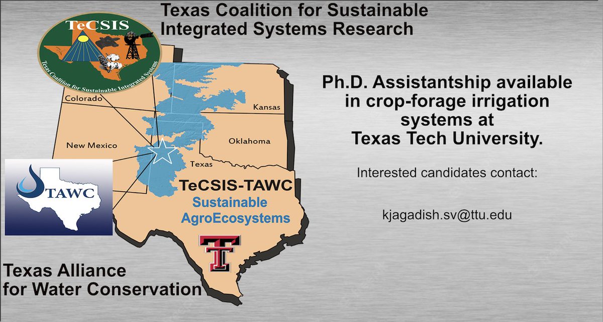 West Texas is one of the ideal places to study water conservation and irrigation scheduling. Please RT 🙏 and share this PhD opportunity at <a href="/TexasTech/">Texas Tech University</a> <a href="/TAWC_TTU/">TAWC</a>  See details 👇👇 Reach out to <a href="/KJagadish_TTU/">Krishna Jagadish</a> for additional details depts.ttu.edu/pss/VirtBB/PhD…