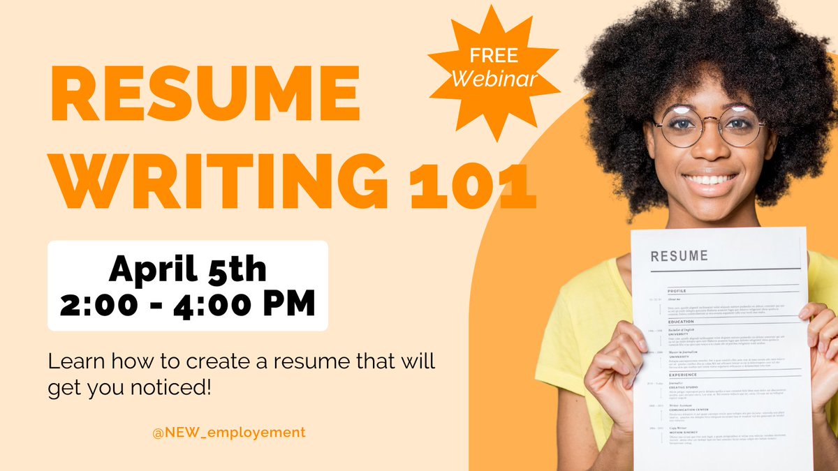 NEW_Employment's tweet photo. Are you feeling overwhelmed trying to create the perfect resume to land your dream job?😅 We're here to help! In this webinar, you'll learn how to create a resume that'll impress potential employers! ⭐🙌

REGISTER NOW: https://t.co/9fWlNsL5CI

#resume #resumehelp #resumewriting https://t.co/4QIV0QSI9v