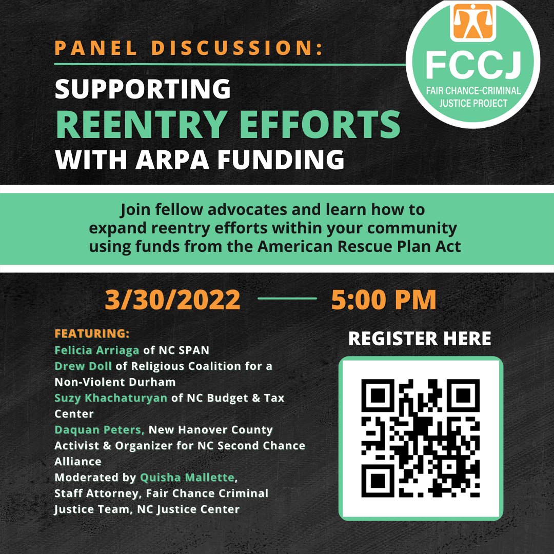 NCFairChance's tweet photo. Join us March 30th at 5pm for a productive discussion on funding North Carolina reentry efforts with the American Rescue Plan.

Register here: https://t.co/mk6pB3uTsz https://t.co/73Qi9zXkZc